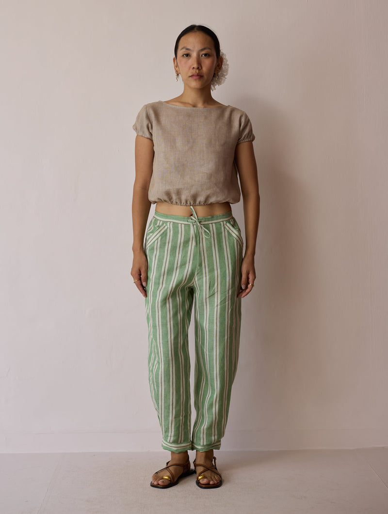 Terra Pleated Hem Stripe Linen Pants-Fern linen pant/trouser by Manan in green for women in Singapore