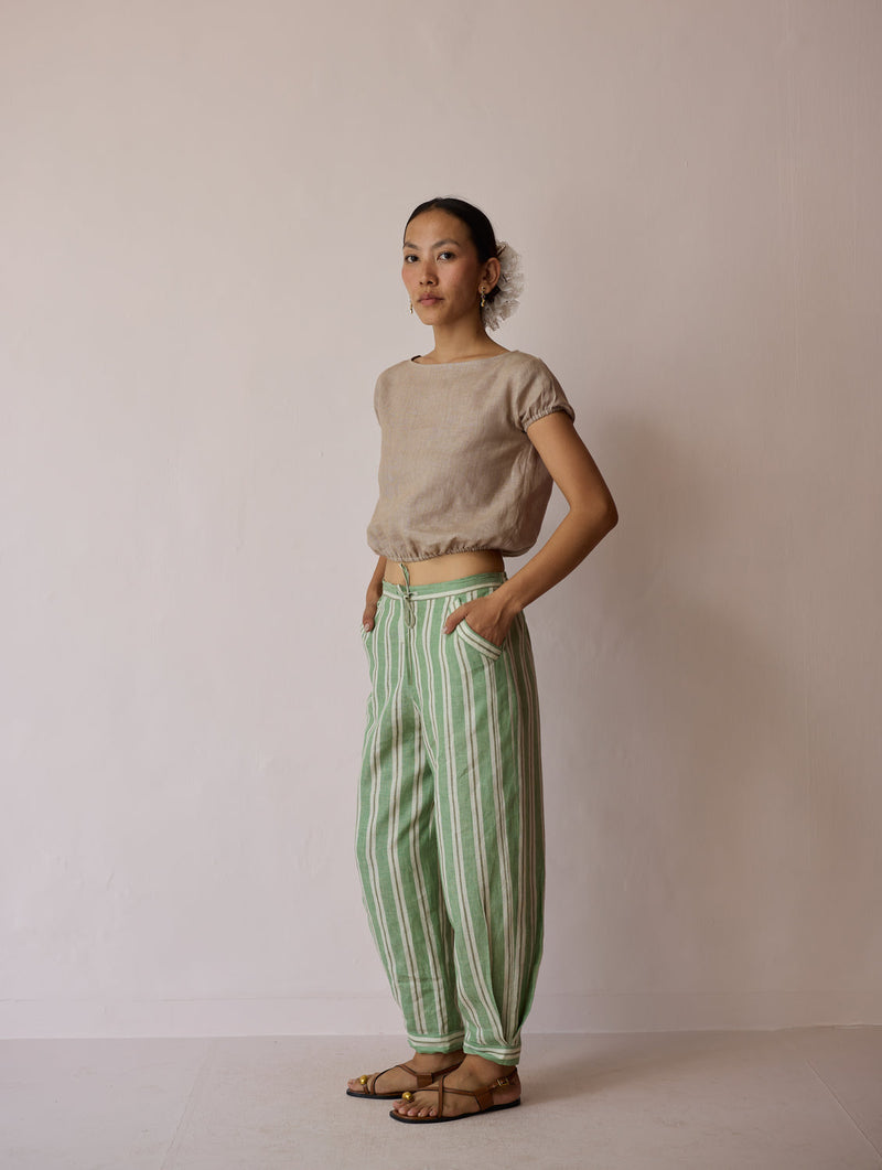 Terra Pleated Hem Stripe Linen Pants-Fern linen pant/trouser by Manan in green for women in Singapore