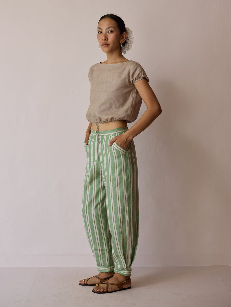 Terra Pleated Hem Stripe Linen Pants-Fern linen pant/trouser by Manan in green for women in Singapore