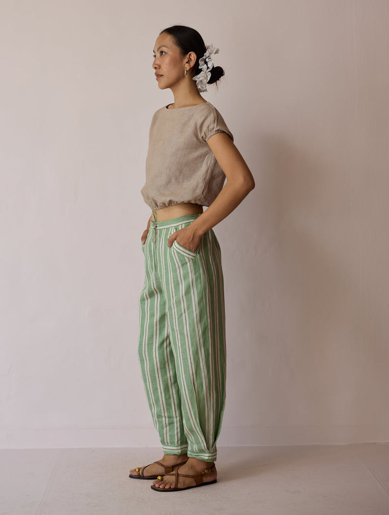 Terra Pleated Hem Stripe Linen Pants-Fern linen pant/trouser by Manan in green for women in Singapore