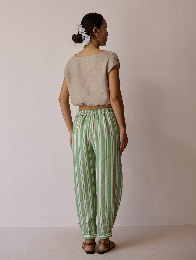 Terra Pleated Hem Stripe Linen Pants-Fern linen pant/trouser by Manan in green for women in Singapore