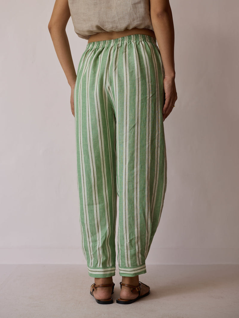 Terra Pleated Hem Stripe Linen Pants-Fern linen pant/trouser by Manan in green for women in Singapore