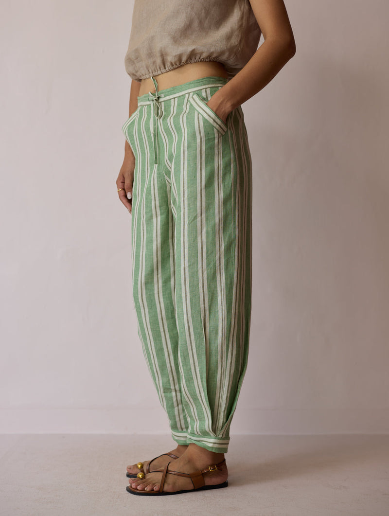 Terra Pleated Hem Stripe Linen Pants-Fern linen pant/trouser by Manan in green for women in Singapore