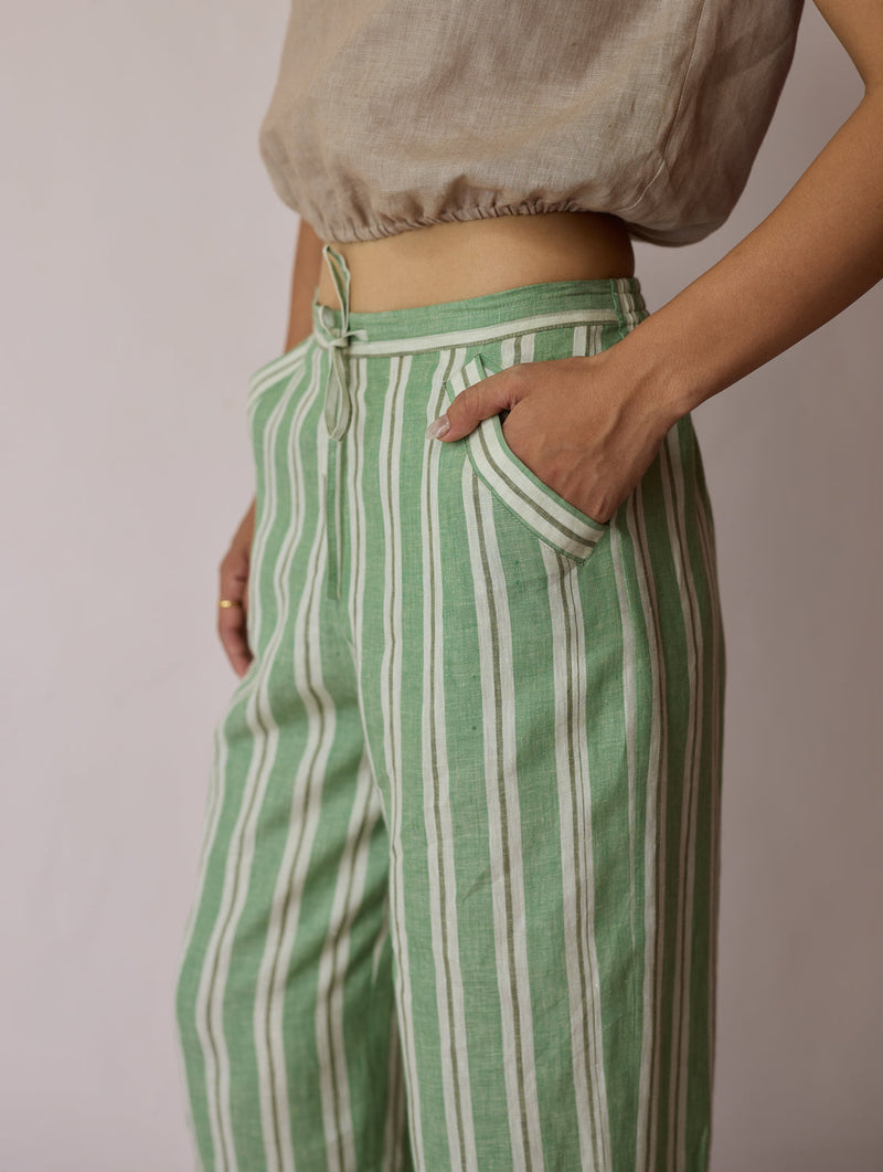 Terra Pleated Hem Stripe Linen Pants-Fern linen pant/trouser by Manan in green for women in Singapore