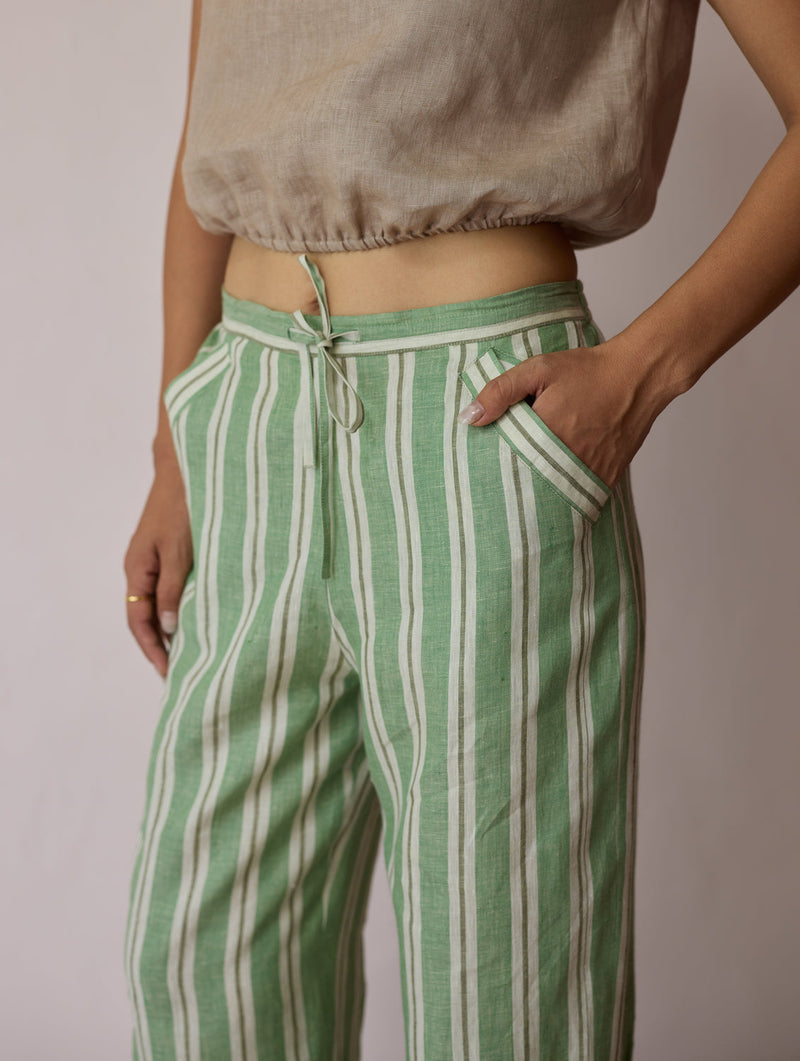 Terra Pleated Hem Stripe Linen Pants-Fern linen pant/trouser by Manan in green for women in Singapore