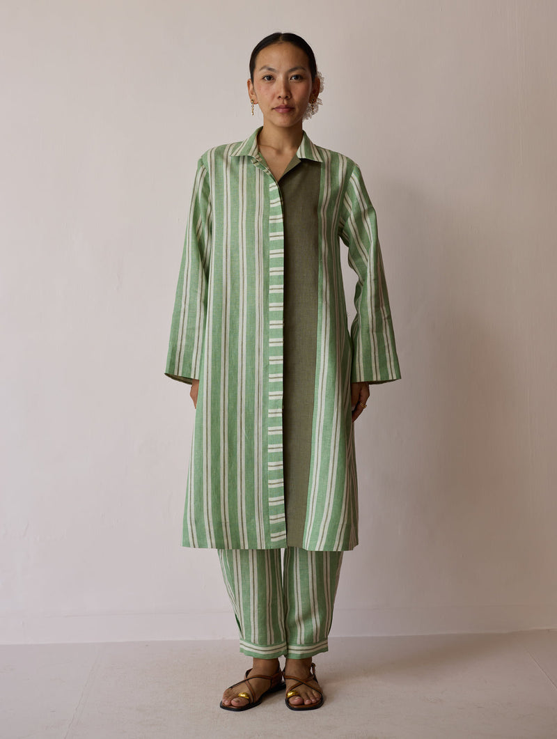 Joana Patchwork Stripe Linen Kurta Sets-Fern linen light kurta set by Manan in green for women in Singapore