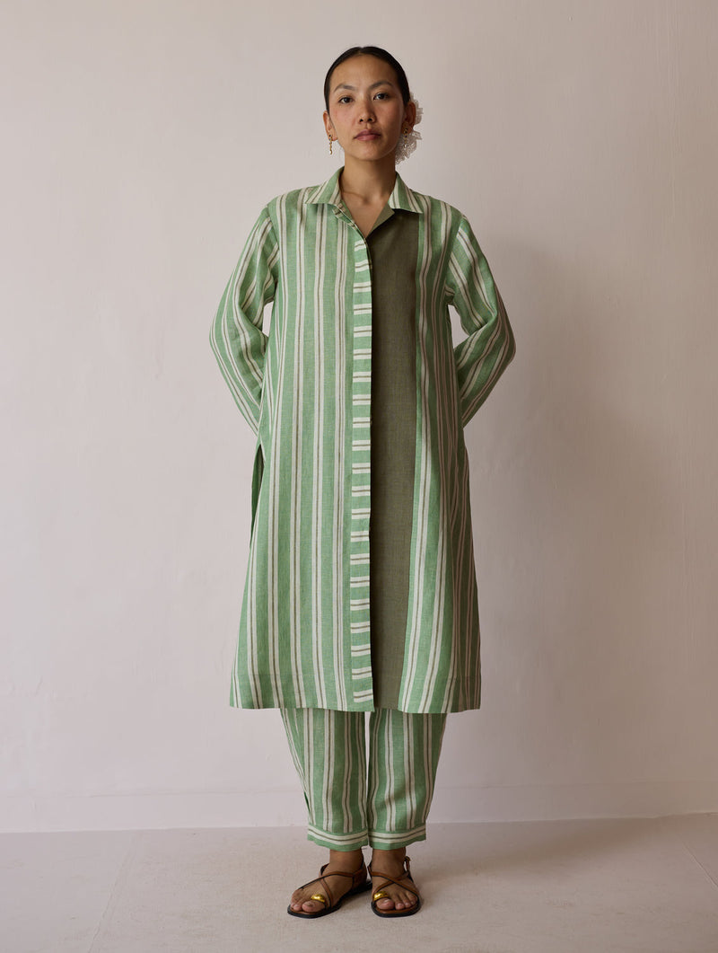 Joana Patchwork Stripe Linen Kurta Sets-Fern linen light kurta set by Manan in green for women in Singapore