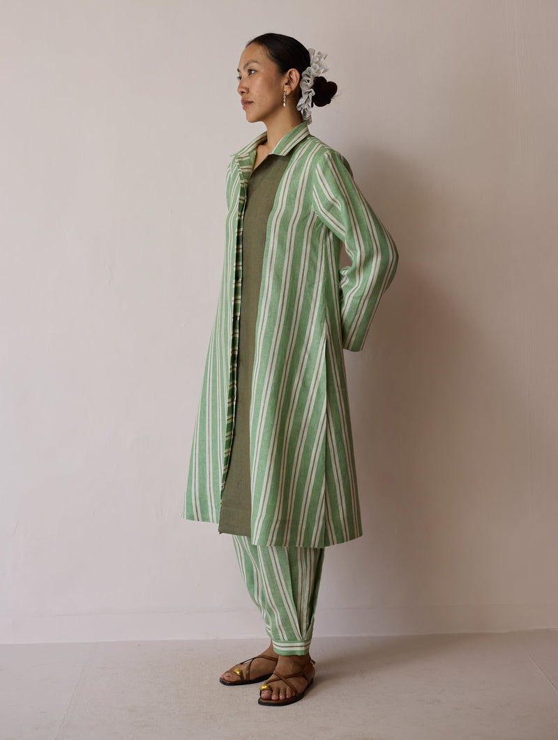 Joana Patchwork Stripe Linen Kurta Sets-Fern linen light kurta set by Manan in green for women in Singapore