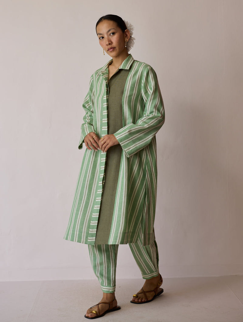 Joana Patchwork Stripe Linen Kurta Sets-Fern linen light kurta set by Manan in green for women in Singapore