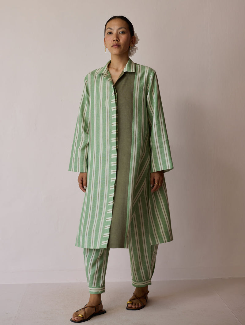 Joana Patchwork Stripe Linen Kurta Sets-Fern linen light kurta set by Manan in green for women in Singapore