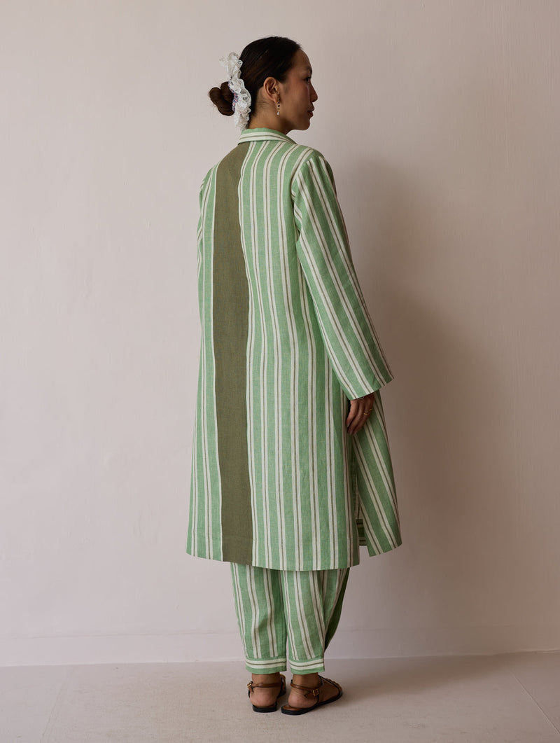 Joana Patchwork Stripe Linen Kurta Sets-Fern linen light kurta set by Manan in green for women in Singapore