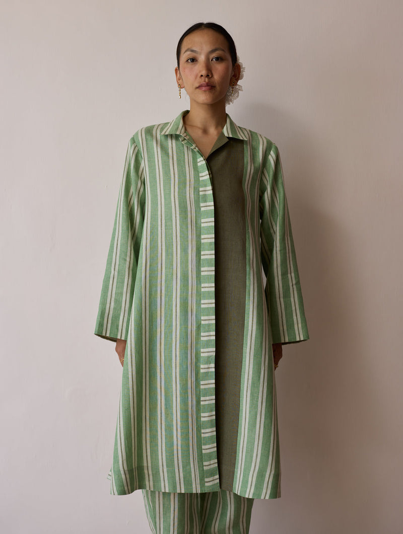 Joana Patchwork Stripe Linen Shirt Kurta-Fern linen tunics/kaftan by Manan in green for women in Singapore