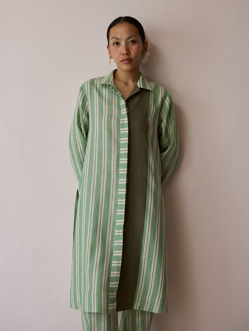 Joana Patchwork Stripe Linen Kurta Sets-Fern linen light kurta set by Manan in green for women in Singapore