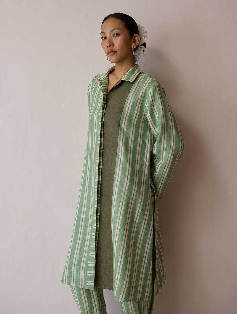 Joana Patchwork Stripe Linen Shirt Kurta-Fern linen tunics/kaftan by Manan in green for women in Singapore