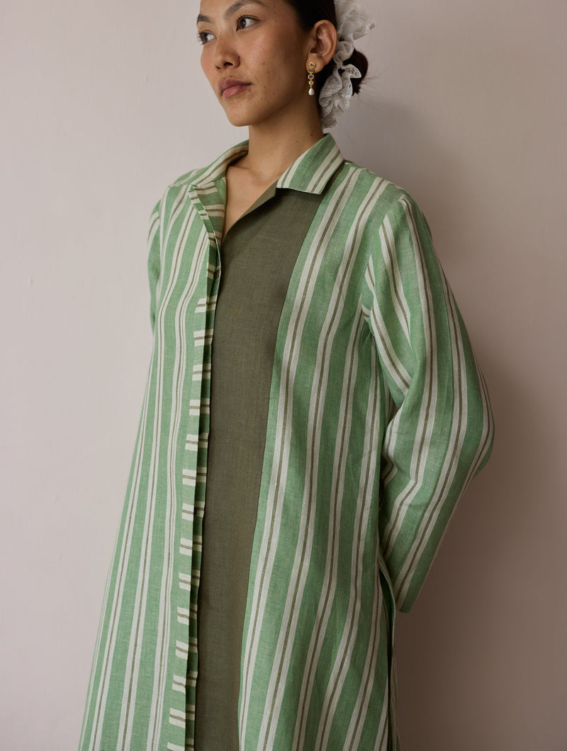 Joana Patchwork Stripe Linen Shirt Kurta-Fern linen tunics/kaftan by Manan in green for women in Singapore