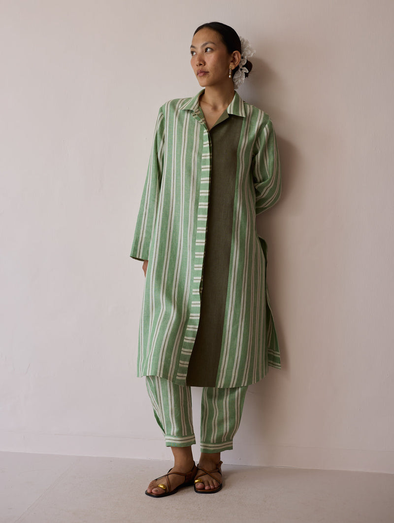 Joana Patchwork Stripe Linen Kurta Sets-Fern linen light kurta set by Manan in green for women in Singapore