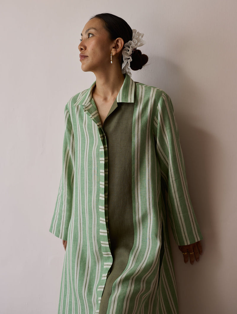 Joana Patchwork Stripe Linen Kurta Sets-Fern linen light kurta set by Manan in green for women in Singapore