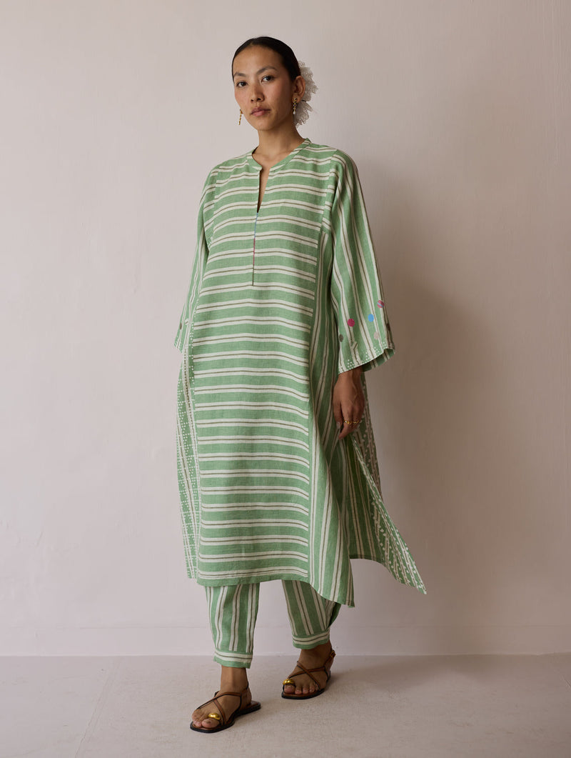Parvee Block-Printed Linen Kurta Set-Fern linen light kurta set by Manan in ivory for women in Singapore