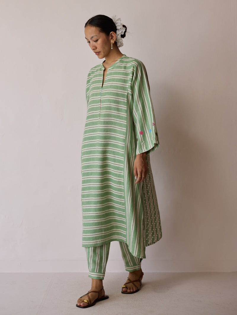 Parvee Block-Printed Linen Kurta Set-Fern linen light kurta set by Manan in ivory for women in Singapore