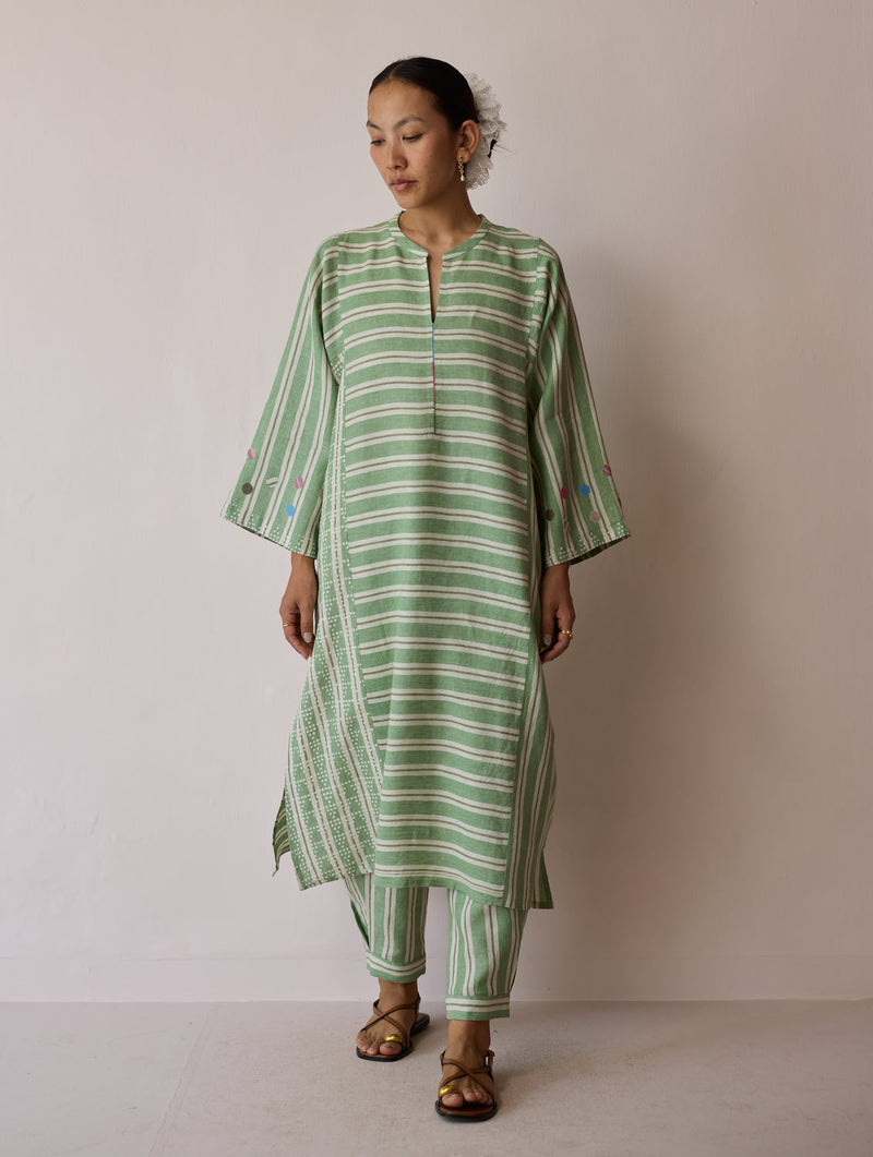 Parvee Block-Printed Linen Kurta Set-Fern linen light kurta set by Manan in ivory for women in Singapore