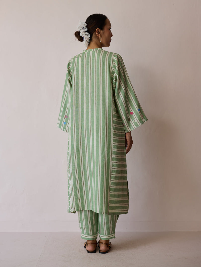 Parvee Block-Printed Linen Kurta Set-Fern linen light kurta set by Manan in ivory for women in Singapore