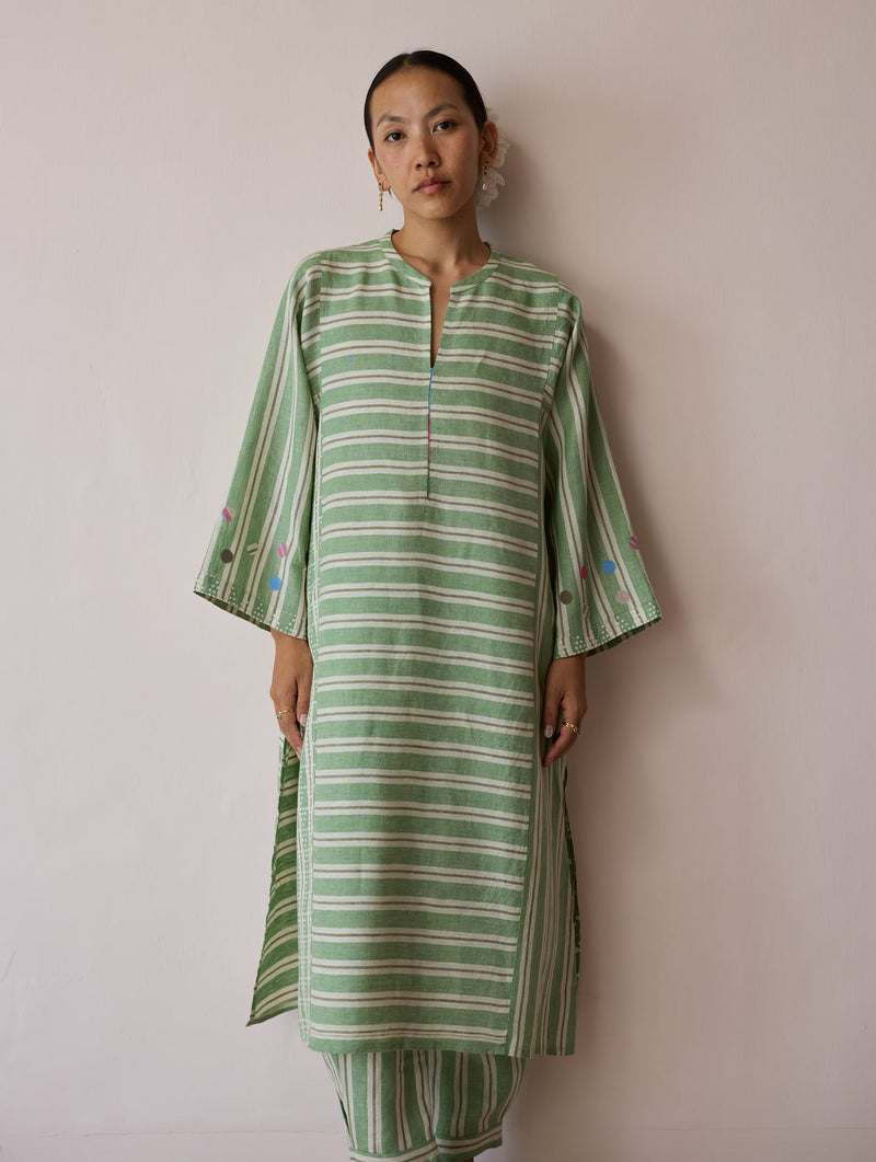 Parvee Block-Printed Linen Angrakha Kurta-Fern linen tunics/kaftan by Manan in ivory for women in Singapore