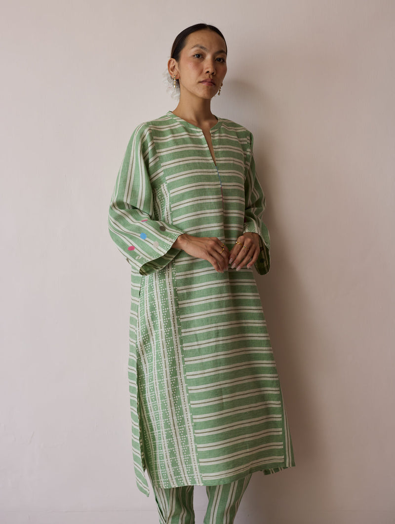 Parvee Block-Printed Linen Angrakha Kurta-Fern linen tunics/kaftan by Manan in ivory for women in Singapore