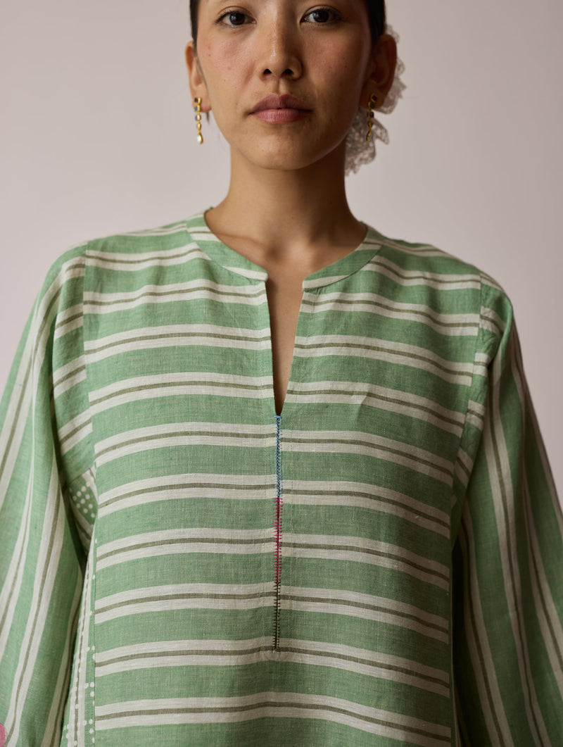 Parvee Block-Printed Linen Kurta Set-Fern linen light kurta set by Manan in ivory for women in Singapore
