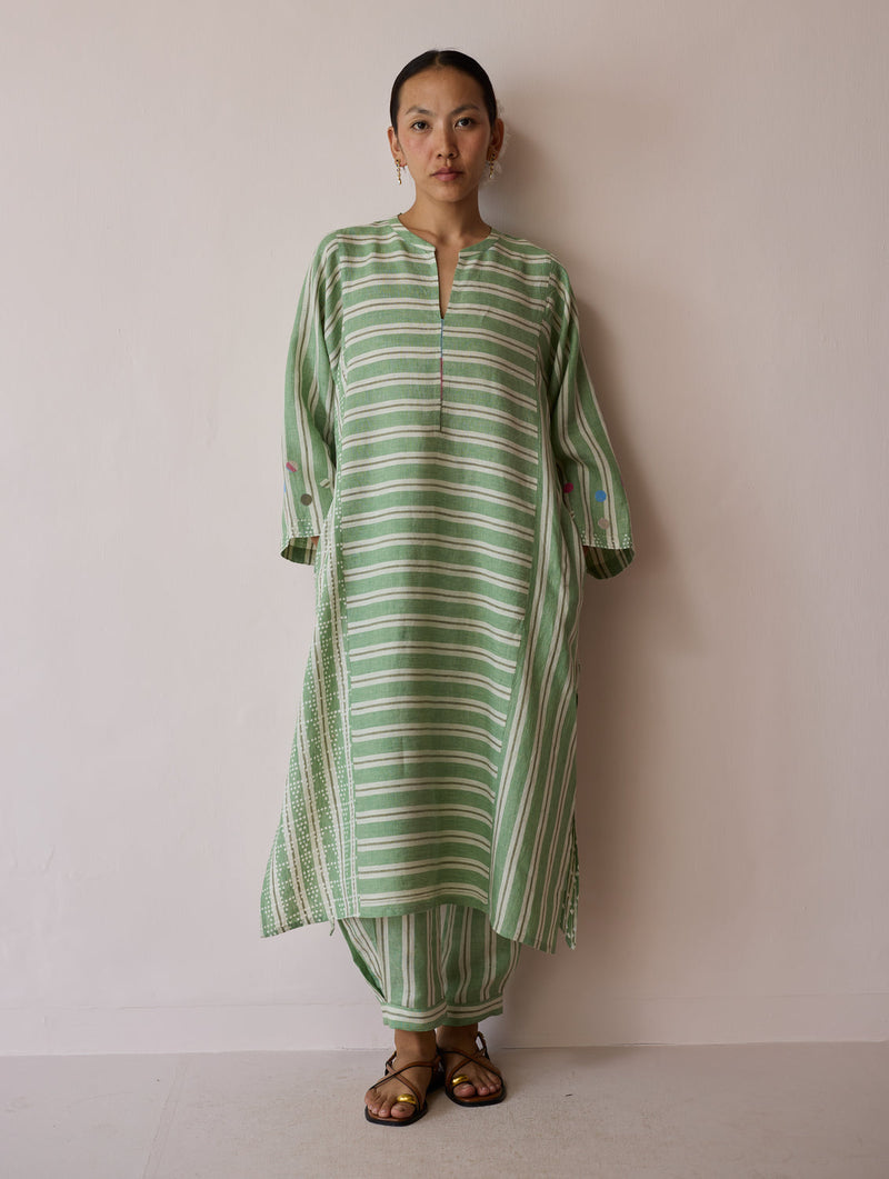 Parvee Block-Printed Linen Kurta Set-Fern linen light kurta set by Manan in ivory for women in Singapore