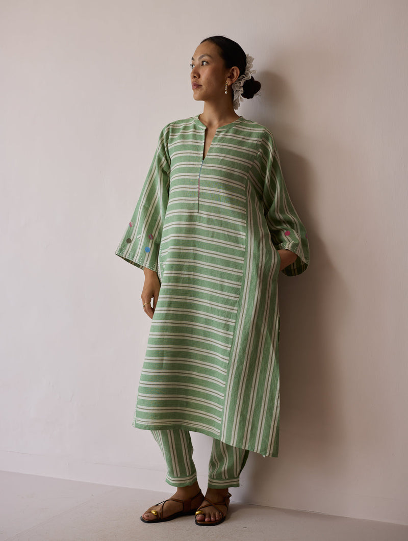 Parvee Block-Printed Linen Kurta Set-Fern linen light kurta set by Manan in ivory for women in Singapore