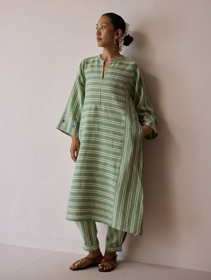 Parvee Block-Printed Linen Kurta Set-Fern linen light kurta set by Manan in ivory for women in Singapore