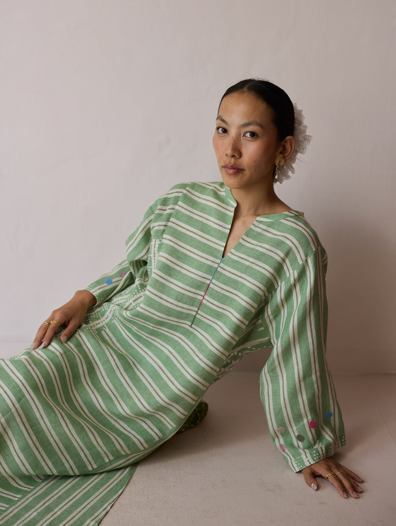 Parvee Block-Printed Linen Kurta Set-Fern linen light kurta set by Manan in ivory for women in Singapore