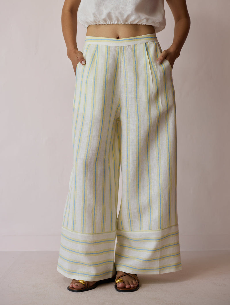 Carmi Wide Leg Stripe Linen Pants-Ivory linen pant/trouser by Manan in ivory for women in Singapore