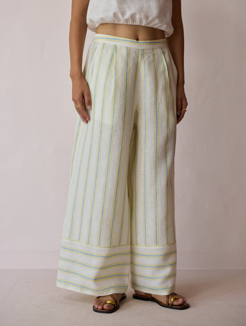 Carmi Wide Leg Stripe Linen Pants-Ivory linen pant/trouser by Manan in ivory for women in Singapore