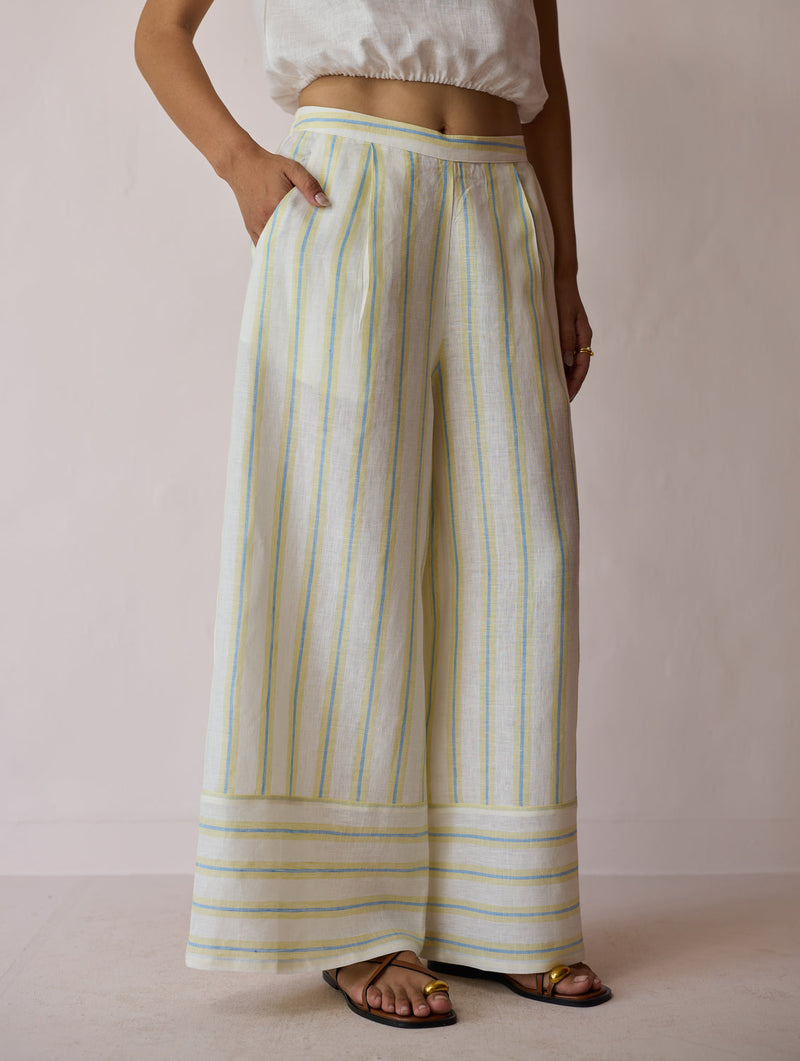 Carmi Wide Leg Stripe Linen Pants-Ivory linen pant/trouser by Manan in ivory for women in Singapore