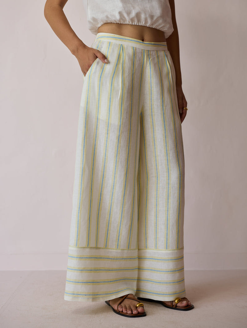 Carmi Wide Leg Stripe Linen Pants-Ivory linen pant/trouser by Manan in ivory for women in Singapore