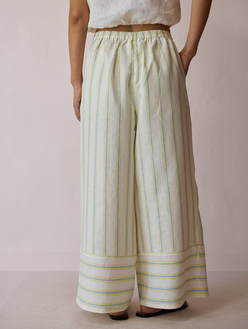 Carmi Wide Leg Stripe Linen Pants-Ivory linen pant/trouser by Manan in ivory for women in Singapore