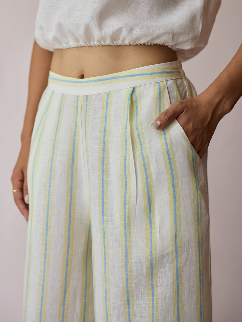 Carmi Wide Leg Stripe Linen Pants-Ivory linen pant/trouser by Manan in ivory for women in Singapore