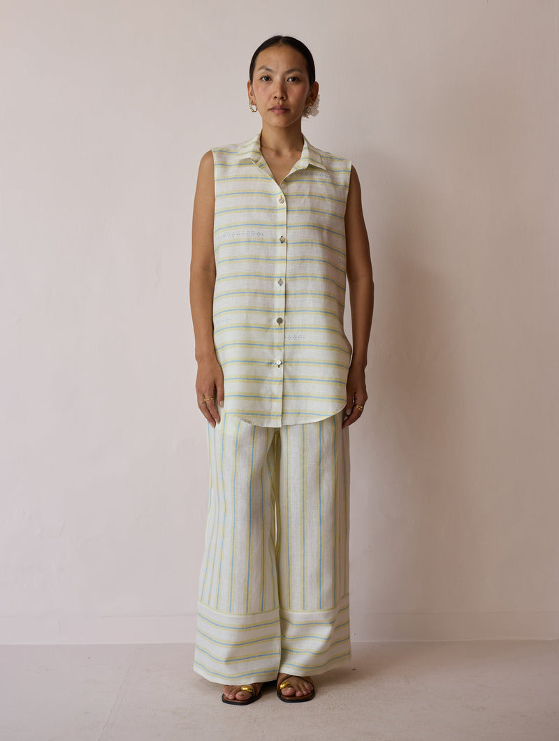 Ello Sleeveless Block-Printed Linen Shirt-Ivory linen top/shirt by Manan in ivory for women in Singapore
