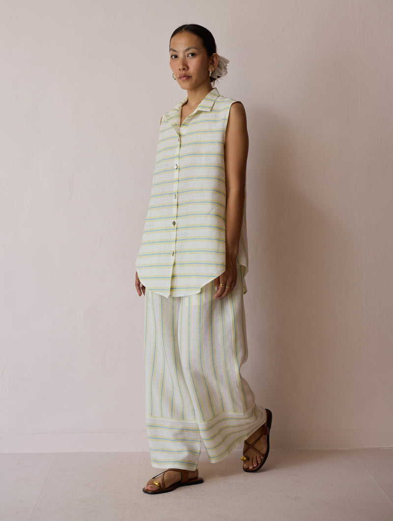 Ello Block-Printed Linen Co-ord-Ivory linen co-ord set by Manan in ivory for women in Singapore