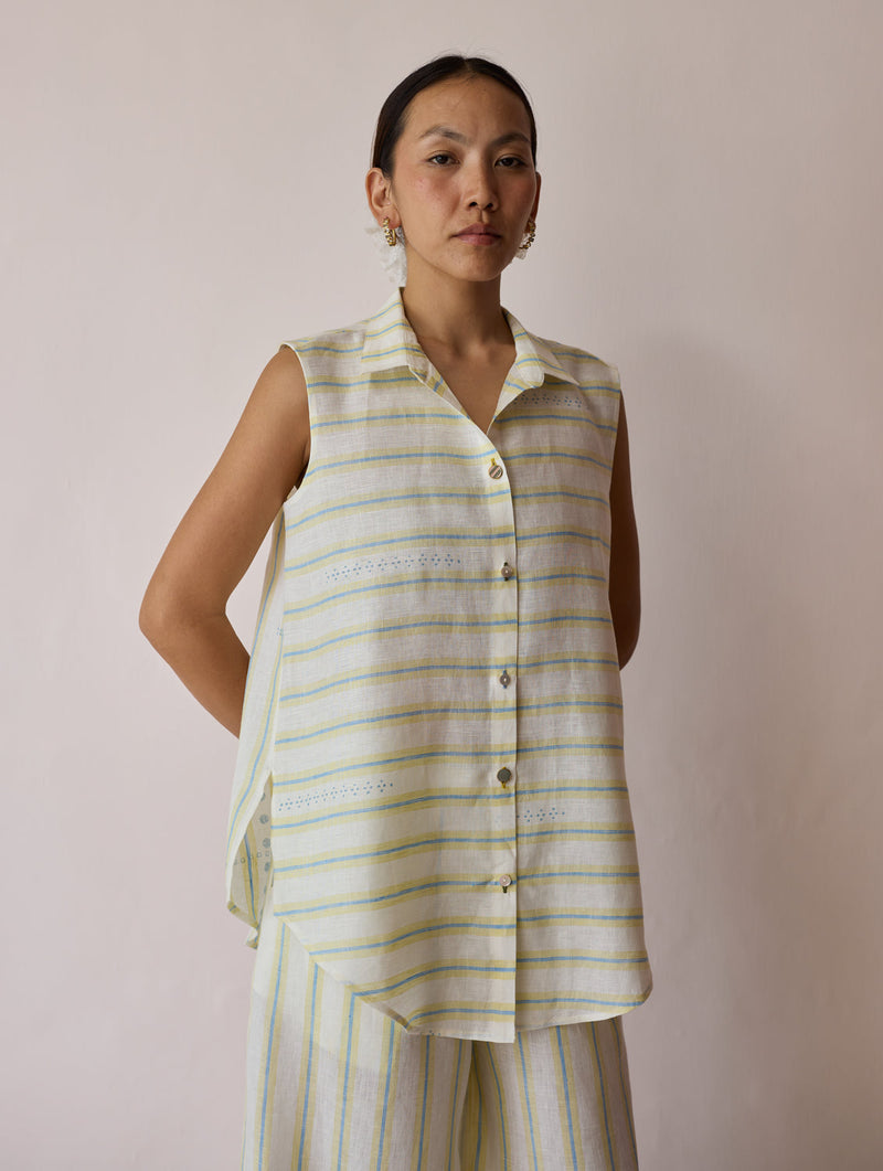 Ello Sleeveless Block-Printed Linen Shirt-Ivory linen top/shirt by Manan in ivory for women in Singapore