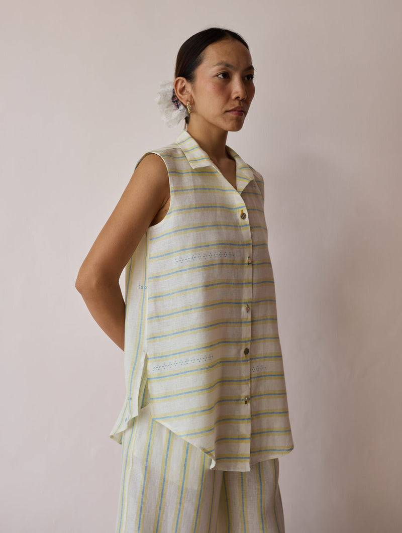 Ello Sleeveless Block-Printed Linen Shirt-Ivory linen top/shirt by Manan in ivory for women in Singapore