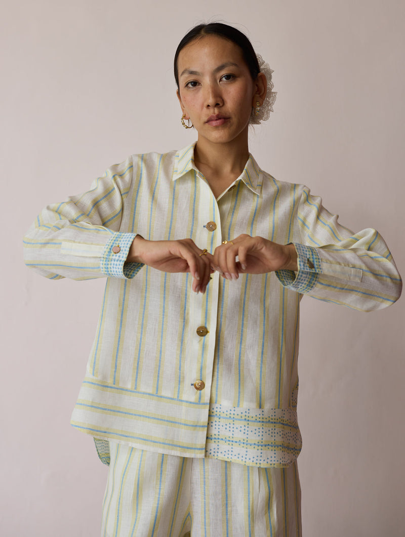 Erra Block-Printed Stripe Linen Shirt-Ivory linen top/shirt by Manan in ivory for women in Singapore