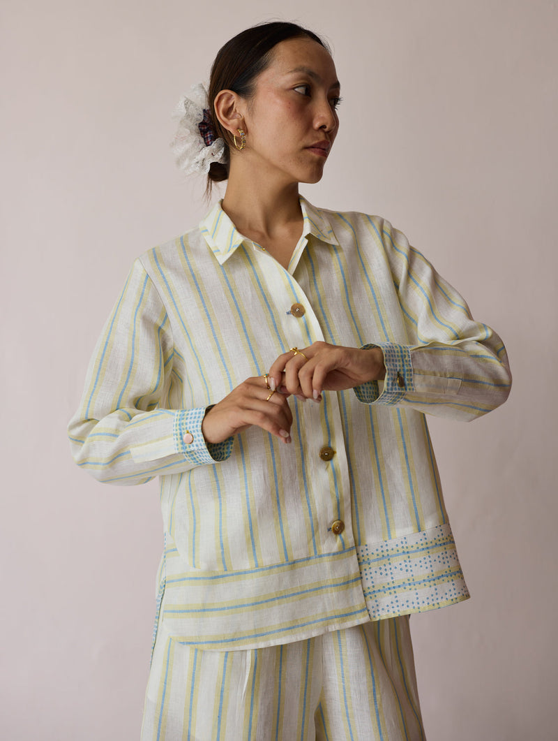 Erra Block-Printed Stripe Linen Shirt-Ivory linen top/shirt by Manan in ivory for women in Singapore