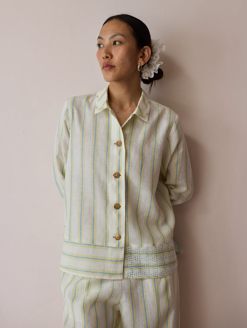 Erra Block-Printed Stripe Linen Shirt-Ivory linen top/shirt by Manan in ivory for women in Singapore