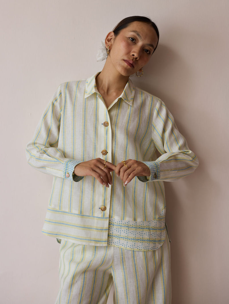 Erra Block-Printed Stripe Linen Shirt-Ivory linen top/shirt by Manan in ivory for women in Singapore
