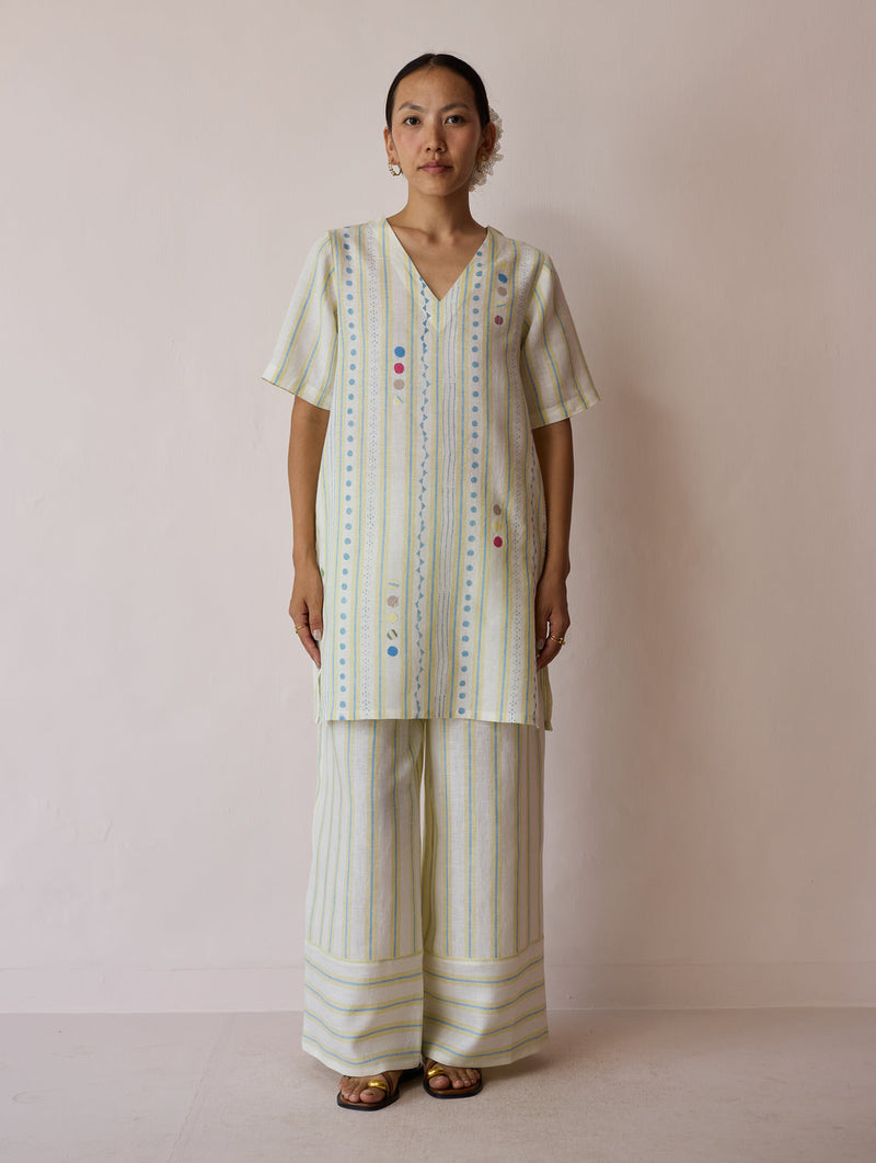 Selle Linen Applique Kurta Set-Ivory linen co-ord set by Manan in ivory for women in Singapore