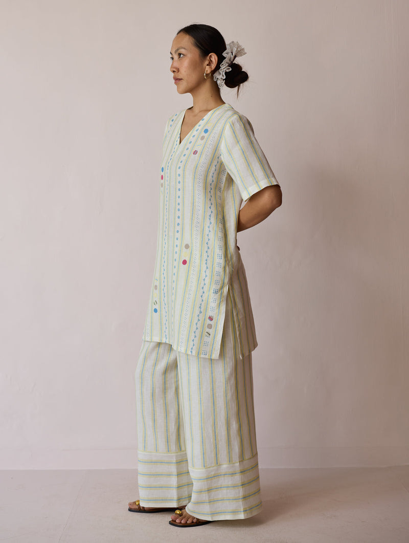 Selle Linen Applique Kurta Set-Ivory linen co-ord set by Manan in ivory for women in Singapore