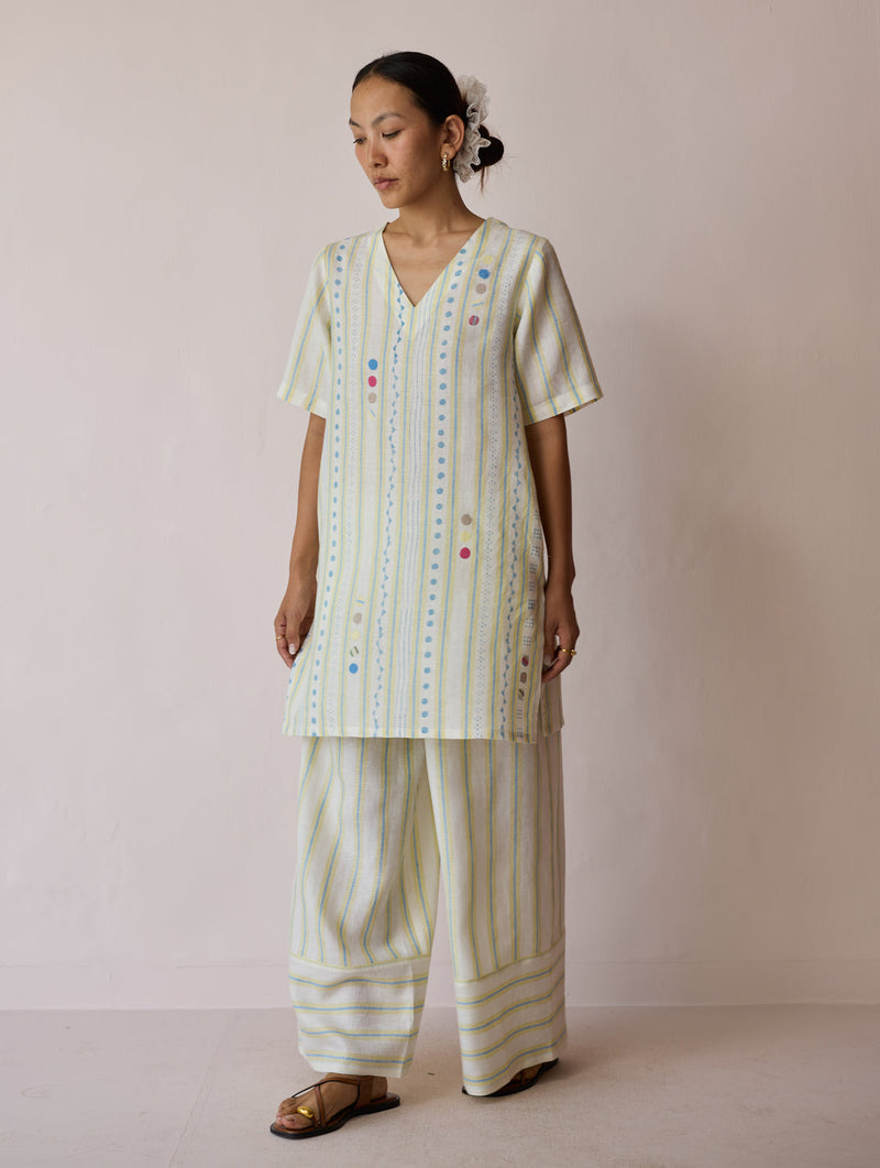 Selle Linen Applique Kurta Set-Ivory linen co-ord set by Manan in ivory for women in Singapore