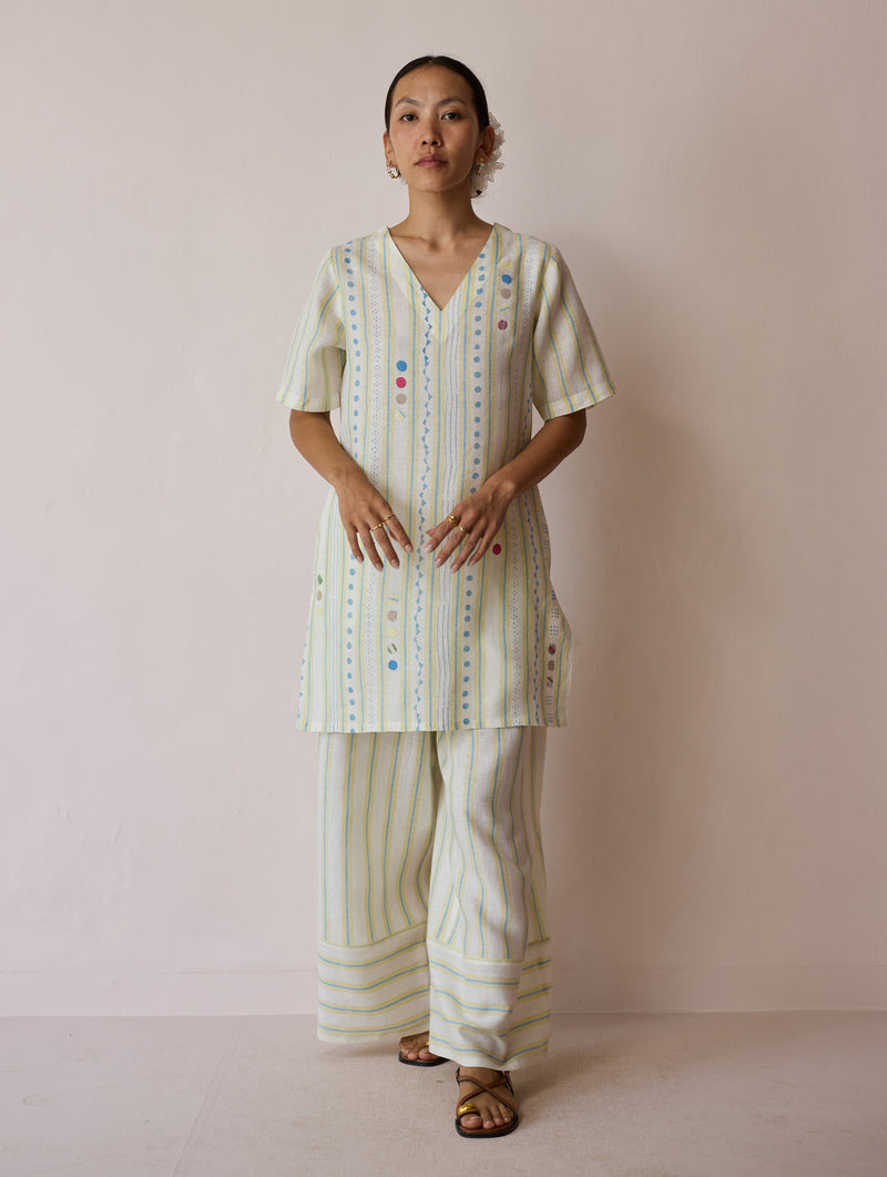 Selle Linen Applique Kurta Set-Ivory linen co-ord set by Manan in ivory for women in Singapore